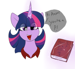 Size: 2000x1835 | Tagged: safe, artist:codras, twilight sparkle, pony, unicorn, g4, :p, book, bust, curved horn, cute, face, female, glowing horn, horn, imminent transformation, implied transformation, levitation, looking at you, magic, mare, open mouth, p, silly, simple background, smiling, solo, speech bubble, telekinesis, tongue out, transparent background
