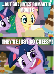 Size: 638x867 | Tagged: safe, edit, edited screencap, screencap, fluttershy, twilight sparkle, alicorn, pony, g4, party pooped, faic, image macro, meme, they're just so cheesy, twilight sparkle (alicorn)