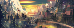 Size: 1024x393 | Tagged: dead source, safe, artist:sunset tide, alicorn, pony, bridge, castle, city, cityscape, flag, mountain, no pony, obtrusive watermark, plinth, river, scenery, scenery porn, smokey mountains, stained glass, statue, tall tale, watermark