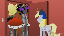 Size: 1334x750 | Tagged: safe, artist:harmony studios, derpy hooves, king sombra, g4, butt, cloak, clothes, derpy's delivery, hat, plot