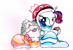 Size: 3437x2393 | Tagged: safe, artist:mashiromiku, rarity, sweetie belle, g4, beanie, blanket, book, cuddling, cute, diasweetes, female, hat, high res, raribetes, sisters, traditional art, watercolor painting