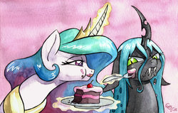 Size: 1024x652 | Tagged: safe, artist:the-wizard-of-art, princess celestia, queen chrysalis, alicorn, changeling, changeling queen, pony, g4, cake, cakelestia, fangs, female, food, fork, frown, glowing horn, horn, lesbian, licking, licking lips, magic, mare, ship:chryslestia, shipping, style emulation, telekinesis, tongue out, traditional art, watercolor painting