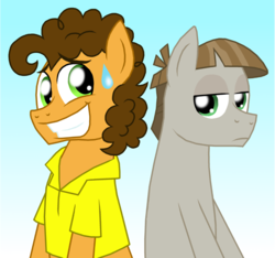 Size: 1001x936 | Tagged: safe, artist:crazynutbob, cheese sandwich, mudbriar, earth pony, pony, g4, the maud couple, awkward, duo, gradient background, grin, male, nervous, nervous smile, smiling, stallion, sweat, sweatdrop