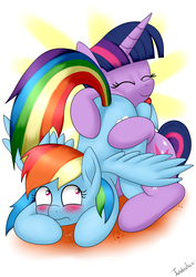 Size: 2480x3507 | Tagged: safe, artist:twidasher, rainbow dash, twilight sparkle, pegasus, pony, unicorn, g4, blue feather, blushing, butthug, duo, duo female, eyes closed, faceful of ass, female, happy, high res, horn, hug, lesbian, looking back, mare, ship:twidash, shipping, signature, smiling, spread wings, unicorn twilight, wings