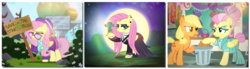 Size: 2340x650 | Tagged: safe, artist:pixelkitties, applejack, fluttershy, earth pony, pegasus, pony, fake it 'til you make it, g4, clothes, cthulhu, female, fluttergoth, hipstershy, mare, moon, night, severeshy, this will end in angry countryisms, this will end in pain and/or angry countryisms, wings