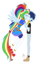 Size: 650x960 | Tagged: safe, artist:ilaria122, rainbow dash, soarin', equestria girls, g4, boots, clothes, couple, crying, dress, duo, equestria girls-ified, female, high heel boots, kiss on the lips, kissing, knee-high boots, leggings, male, ponied up, ship:soarindash, shipping, shoes, simple background, straight, transparent background