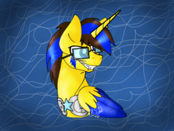 Size: 2048x1536 | Tagged: safe, artist:melonseed11, oc, oc only, oc:zeo spark, alicorn, pony, bust, glasses, male, portrait, solo, stallion