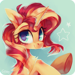 Size: 2000x2000 | Tagged: safe, artist:angrygem, sunset shimmer, pony, unicorn, g4, abstract background, bust, chest fluff, chromatic aberration, cute, female, high res, looking at you, mare, shimmerbetes, solo, stars, underhoof