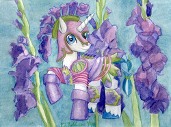 Size: 3532x2630 | Tagged: safe, artist:kelseyleah, shining armor, pony, unicorn, g4, armor, braided tail, flower, high res, looking at you, male, raised hoof, solo, stallion, tail band, traditional art