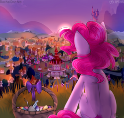 Size: 3047x2895 | Tagged: safe, artist:racheldantes, discord, pinkie pie, earth pony, pony, g4, basket, easter, easter basket, easter egg, female, high res, holiday, mare, ponyville, rear view, sunset