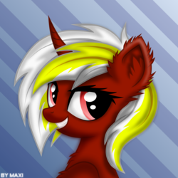 Size: 1500x1500 | Tagged: safe, artist:maxiclouds, oc, oc only, pony, unicorn, abstract background, bust, female, mare, portrait, smiling, solo