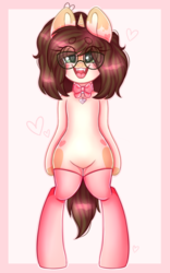 Size: 2701x4337 | Tagged: safe, artist:adostume, oc, oc only, oc:adostume, pony, unicorn, bipedal, blushing, bow, clothes, fangs, glasses, happy, heart, smiling, solo, stockings, thigh highs