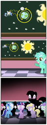 Size: 925x2440 | Tagged: safe, artist:ponymaan, edit, dinky hooves, liza doolots, lyra heartstrings, minuette, miss hackney (g4), petunia, princess celestia, ruby pinch, tootsie flute, twilight sparkle, alicorn, pony, unicorn, comic:the pony the girl and the wardrobe, g4, chalkboard, comic, cropped, female, filly, filly lyra, filly minuette, filly twilight sparkle, heliocentric theory, heresy, mare in the moon, moon, shocked, silhouette, sun, unicorn twilight, younger