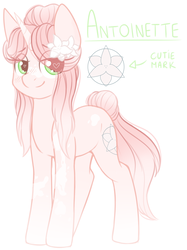 Size: 1382x1849 | Tagged: safe, artist:adostume, oc, oc only, oc:antoinette, pony, unicorn, blushing, eye clipping through hair, female, flower, flower in hair, gradient hooves, gradient mane, gradient tail, heart eyes, lidded eyes, looking at you, mare, reference sheet, simple background, smiling, solo, standing, white background, wingding eyes