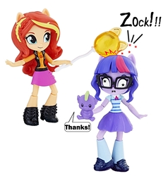 Size: 1075x1131 | Tagged: safe, edit, sci-twi, spike, sunset shimmer, twilight sparkle, equestria girls, equestria girls series, g4, balloon, clothes, doll, equestria girls minis, glasses, irl, jacket, parody, photo, plushie, shoes, skirt, socks, toy