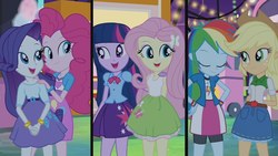 Size: 1366x768 | Tagged: safe, screencap, applejack, fluttershy, pinkie pie, rainbow dash, rarity, twilight sparkle, alicorn, equestria girls, g4, perfect day for fun, clothes, cutie mark on clothes, female, fluttershy's skirt, humane five, humane six, skirt, twilight sparkle (alicorn)