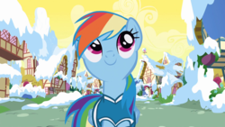 Size: 1920x1080 | Tagged: safe, screencap, rainbow dash, pegasus, pony, g4, winter wrap up, c:, cute, dashabetes, female, looking up, mare, ponyville, smiling, snow, solo, song, weather team, winter, winter wrap up vest