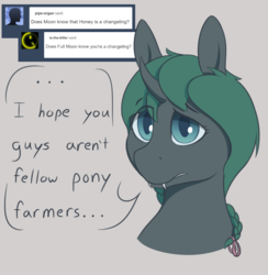 Size: 1106x1132 | Tagged: safe, artist:heftyhorsehostler, oc, oc only, oc:honeysuckle, changeling, a changeling's guide to large horse care, ask, braid, bust, changeling oc, colored pupils, dialogue, female, gray background, green changeling, simple background, solo, tumblr