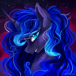 Size: 1024x1024 | Tagged: safe, artist:konnyart, princess luna, pony, g4, curved horn, female, freckles, horn, looking at you, smiling, solo, star freckles, stars