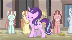 Size: 1024x576 | Tagged: safe, screencap, amber tresses, bacon braids, ivy vine, offbeat, starlight glimmer, white marble, pony, unicorn, g4, the cutie map, background pony, braid, cult, egalitarianism, equal cutie mark, equalized mane, eyes closed, fake smile, female, in our town, mare, our town, s5 starlight, smiling