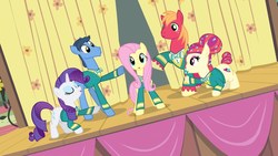 Size: 1920x1080 | Tagged: safe, screencap, big macintosh, fluttershy, rarity, toe-tapper, torch song, earth pony, pegasus, pony, unicorn, filli vanilli, bowtie, find the music in you, ponytones, ponytones outfit, singing, stage, the ponytones