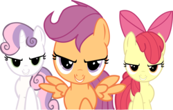 Size: 7355x4670 | Tagged: safe, artist:imladdi, apple bloom, scootaloo, sweetie belle, earth pony, pegasus, pony, unicorn, flight to the finish, g4, absurd resolution, cutie mark crusaders, determined, female, filly, hearts as strong as horses, narrowed eyes, raised hoof, simple background, singing, smiling, spread wings, transparent background, trio, wings