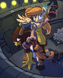Size: 2433x2988 | Tagged: safe, artist:kalemon, oc, oc only, oc:kerfuffle, oc:tami, griffon, hippogriff, clothes, electricity, high res, pullover, smoke, space horse rpg, spaceship, tools