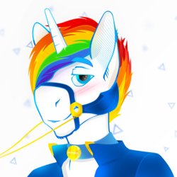 Size: 2000x2000 | Tagged: safe, artist:wumbl3, oc, oc only, oc:generic rainbow maned white unicorn guy, unicorn, anthro, abstract background, blushing, bridle, bust, clothes, collar, high res, jacket, leash, looking at you, male, name tag, rainbow hair, smiling, solo, tack, wingding eyes