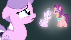 Size: 1366x768 | Tagged: safe, screencap, diamond tiara, spoiled rich, crusaders of the lost mark, g4, female, frown, jewelry, mother and daughter, sad, singing, smiling, the pony i want to be, tiara