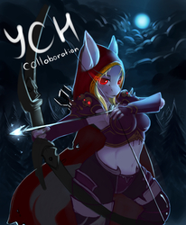 Size: 3300x4000 | Tagged: safe, artist:chapaevv, anthro, advertisement, armor, armpits, arrow, bow, collaboration, commission, looking at you, moon, night, solo, sylvanas windrunner, unconvincing armor, warcraft, wood, world of warcraft, your character here