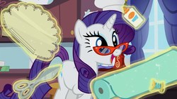 Size: 1920x1080 | Tagged: safe, screencap, rarity, pony, canterlot boutique, g4, canterlot, female, glasses, rarity's glasses, rules of rarity, scissors, singing, solo