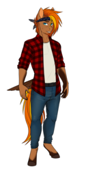 Size: 1521x3022 | Tagged: safe, artist:askbubblelee, oc, oc only, oc:singe, pegasus, anthro, unguligrade anthro, anthro oc, body freckles, clothes, facial hair, freckles, goatee, jeans, male, pants, plaid shirt, shirt, simple background, smiling, solo, stallion, tail feathers, transparent background