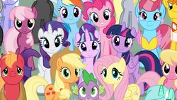 Size: 1920x1080 | Tagged: safe, screencap, applejack, big macintosh, carrot cake, cheerilee, cloudchaser, cup cake, derpy hooves, fluttershy, lily, lily valley, lotus blossom, lyra heartstrings, octavia melody, pinkie pie, rainbow dash, rarity, spike, starlight glimmer, thunderlane, twilight sparkle, alicorn, dragon, earth pony, pegasus, pony, unicorn, g4, season 5, the cutie re-mark, applejack's hat, apron, baby, baby dragon, big macintosh's yoke, braid, cheeribetes, clothes, collar, cowboy hat, cute, cute cake, ear piercing, earring, everypony at s5's finale, female, freckles, friends are always there for you, glimmerbetes, hat, jewelry, lilybetes, looking at you, macabetes, male, mane six, mare, piercing, s5 starlight, smiling, smiling at you, stallion, twilight sparkle (alicorn), wall of tags