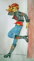 Size: 2432x4320 | Tagged: safe, artist:erynerikard, derpibooru exclusive, sunset shimmer, equestria girls, g4, boots, clothes, jacket, jeans, leather jacket, pants, shoes, short hair, sidecut, simple background, traditional art, undercut