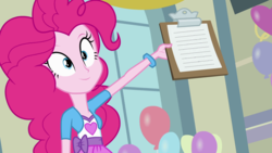 Size: 1920x1080 | Tagged: safe, edit, edited screencap, screencap, pinkie pie, equestria girls, g4, my little pony equestria girls, balloon, clothes, meme, pinkie pie shows her clipboard, template
