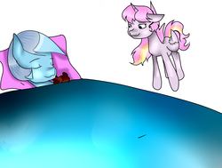 Size: 3111x2356 | Tagged: safe, artist:pinkgalaxy56, oc, oc only, oc:pink galaxy, oc:sky, alicorn, pony, bed, female, filly, high res, simple background, white background