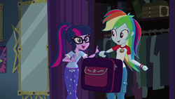Size: 1280x720 | Tagged: safe, screencap, rainbow dash, sci-twi, twilight sparkle, equestria girls, g4, my little pony equestria girls: legend of everfree, camp everfree outfits, closet, clothes, female, mirror, pajamas, suitcase