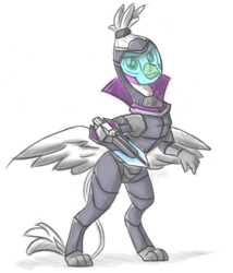 Size: 1200x1400 | Tagged: safe, artist:flutterthrash, oc, oc only, griffon, semi-anthro, armor, bipedal, commission, griffon oc, helmet, league of legends, looking at you, simple background, solo, spread wings, white background, wings