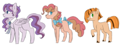 Size: 998x379 | Tagged: safe, artist:peachjay, oc, oc only, oc:blueberry shortcrust pie, oc:choux beignet pie, oc:straw puff pie, earth pony, pegasus, pony, bow, female, filly, hair bow, offspring, parent:cheese sandwich, parent:pinkie pie, parents:cheesepie, simple background, tail bow, transparent background