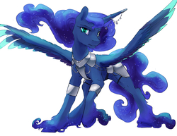 Size: 1980x1530 | Tagged: safe, artist:silfoe, princess luna, alicorn, pony, nomad au, g4, alternate universe, colored wings, colored wingtips, ethereal fetlocks, ethereal mane, female, horn, horn cap, horn jewelry, jewelry, mare, royal multiverse, simple background, solo, spread wings, starry fetlocks, starry mane, unshorn fetlocks, white background, wings