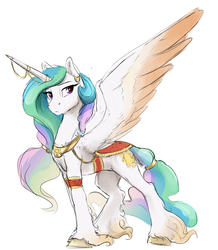 Size: 1333x1530 | Tagged: safe, artist:silfoe, princess celestia, alicorn, pony, nomad au, g4, alternate universe, clothes, colored wings, colored wingtips, ear piercing, earring, ethereal fetlocks, ethereal mane, female, horn, horn jewelry, jewelry, mare, piercing, royal multiverse, simple background, solo, spread wings, unshorn fetlocks, white background, wings