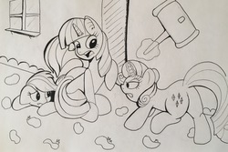 Size: 3688x2465 | Tagged: safe, artist:stammis, rainbow dash, rarity, twilight sparkle, pony, g4, hammer, high res, magic, monochrome, traditional art