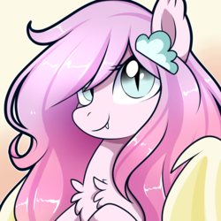 Size: 2000x2000 | Tagged: safe, artist:xwhitedreamsx, oc, oc only, oc:summer night, bat pony, pony, bat pony oc, bat wings, bust, chest fluff, colored wings, cute, cute little fangs, ear fluff, fangs, female, gradient background, hair over one eye, hairpin, high res, looking at you, mare, portrait, slit pupils, smiling, solo, spread wings, wings