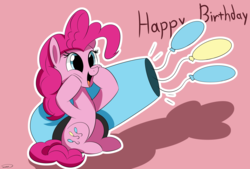 Size: 3496x2362 | Tagged: safe, artist:taurson, pinkie pie, earth pony, pony, g4, cute, diapinkes, female, happy birthday, high res, mare, party cannon, smiling