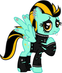 Size: 850x1011 | Tagged: safe, artist:lightningbolt, derpibooru exclusive, lightning dust, pegasus, pony, g4, .svg available, belt, chains, choker, clothes, drop dead clothing, dyed mane, ear piercing, earring, eyeliner, eyeshadow, female, frown, jewelry, lidded eyes, lip piercing, looking at you, makeup, mare, needle, piercing, raised hoof, safety pin, scar, show accurate, simple background, snake bites, socks, solo, spiked choker, spiked wristband, spread wings, standing, svg, thread, torn clothes, transparent background, vector, wing piercing, wings, wristband