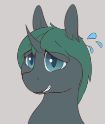Size: 1200x1406 | Tagged: safe, artist:heftyhorsehostler, oc, oc:honeysuckle, changeling, a changeling's guide to large horse care, bust, changeling oc, colored pupils, gray background, green changeling, grin, nervous, nervous smile, simple background, smiling, sweat