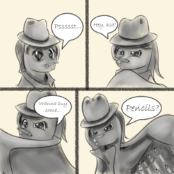 Size: 904x904 | Tagged: safe, artist:sketchiepone, oc, oc only, oc:sketchiepone, pony, ask, clothes, comic, dialogue, fedora, hat, pencil, simple background, sketch, solo, speech bubble, text, trenchcoat, tumblr