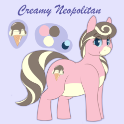 Size: 2640x2649 | Tagged: safe, artist:heftyhorsehostler, oc, oc only, oc:creamy neapolitan, earth pony, pony, chubby, female, food, high res, ice cream, ice cream cone, misspelling, reference sheet, smiling, solo