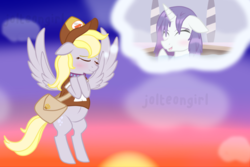 Size: 1024x683 | Tagged: safe, artist:jolteongirl, derpy hooves, rarity, pony, g4, blushing, cap, clothes, derpity, female, flying, hat, lesbian, mailbag, shipping, spa