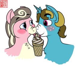 Size: 1200x1057 | Tagged: safe, artist:iyatsu, oc, oc:creamy neapolitan, oc:rubick, earth pony, pony, unicorn, blushing, bust, chubby, eating, female, food, ice cream, ice cream cone, male, nuzzling, oc x oc, scrunchy face, shipping, straight